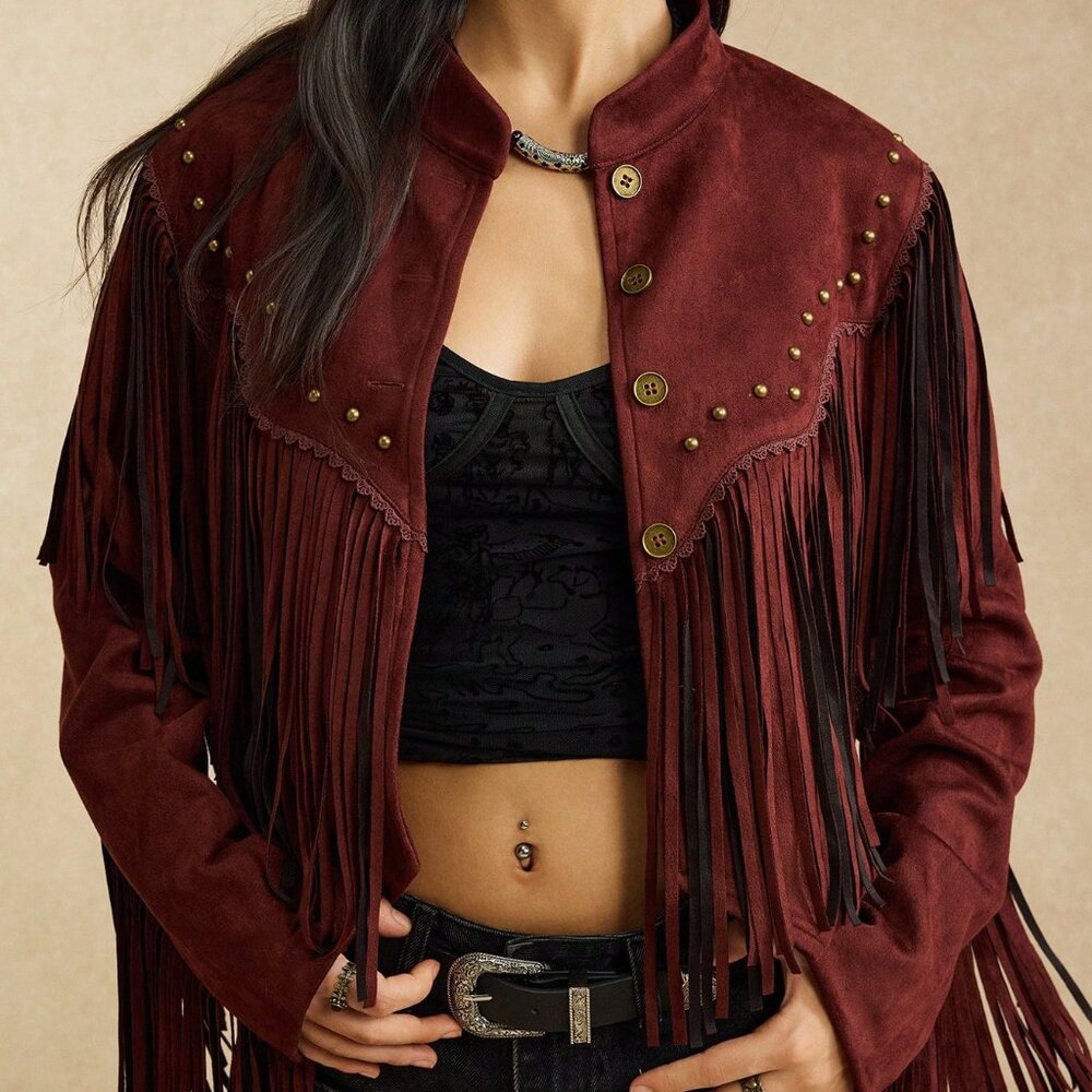 Coffee Brown Casual Women's Nomadic Tassel Decorated Jacket - Picture 5 of 7